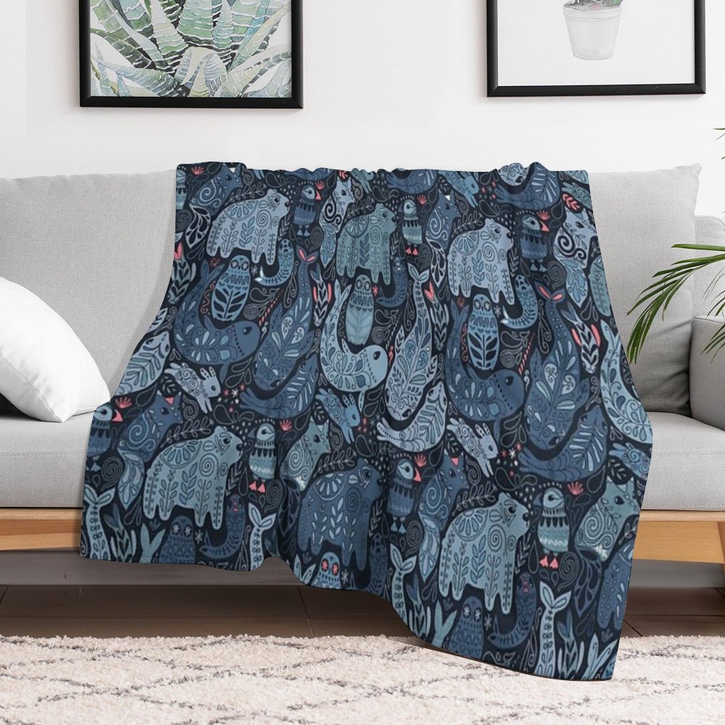 Arctic Animals. Narwhal, Polar Bear, Whale, Puffin, Owl, Fox, Bunny, Seal. Throw Blanket