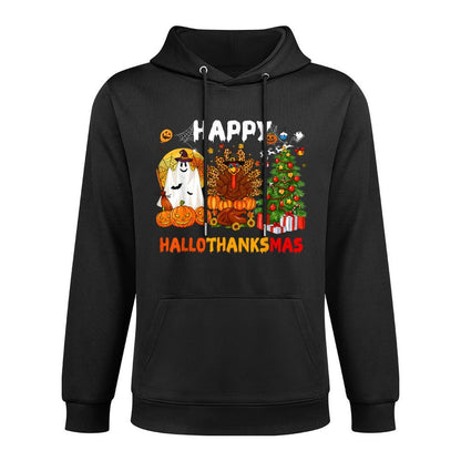 Retro Happy Hallothanksmas Halloween Thanksgiving Christmas Medium-Weight Fabric Hoodie