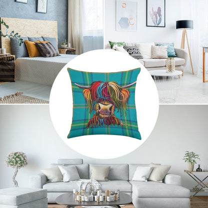 SCoTTiSH HiGHLaND CoW ' TaRTaN NeLLY B ' by SHiRLeY MacARTHuR Linen Throw Pillow Cover