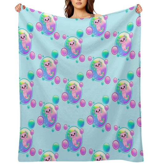 Kawaii Axolotl with Bubbles Throw Blanket