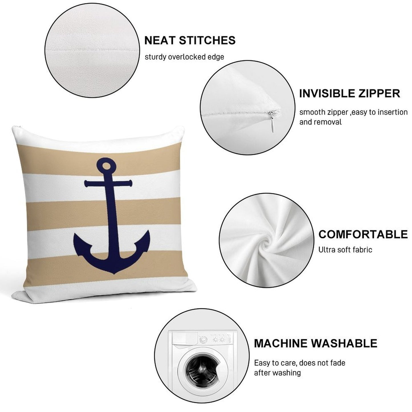 Nautical Navy Blue Anchor On Tropical Tan Stripes Soft Ultra-Soft Texture Throw Pillow