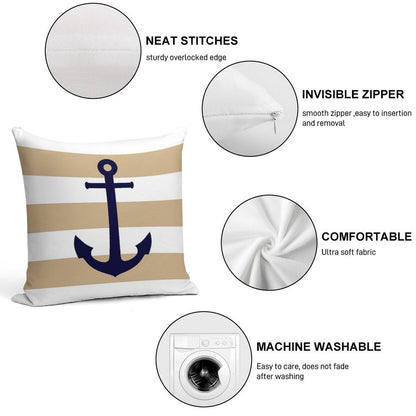 Nautical Navy Blue Anchor On Tropical Tan Stripes Soft Ultra-Soft Texture Throw Pillow
