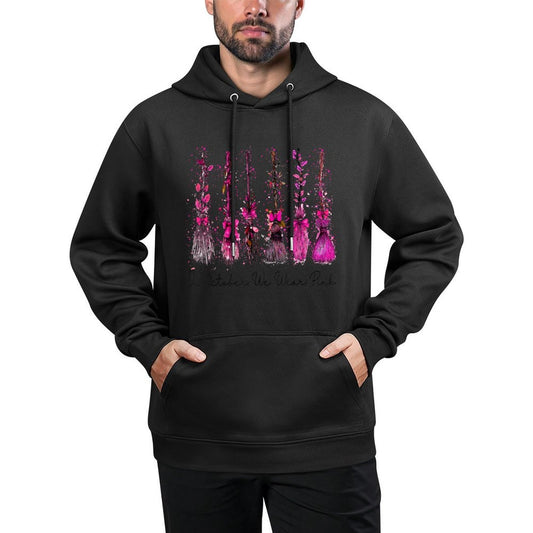 in October We Wear Pink Broom Witch Breast Cancer Halloween Unisex Design Hoodie