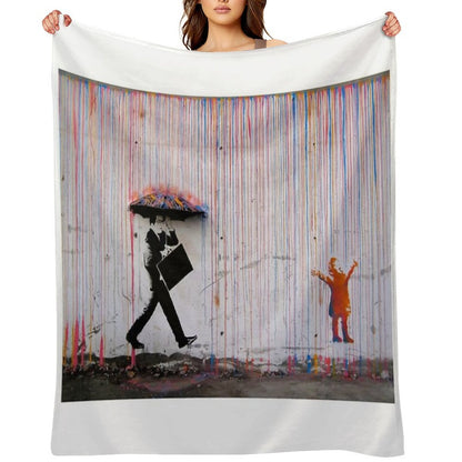 Banksy Umbrella Rainbow Happy Girl Throw Blanket