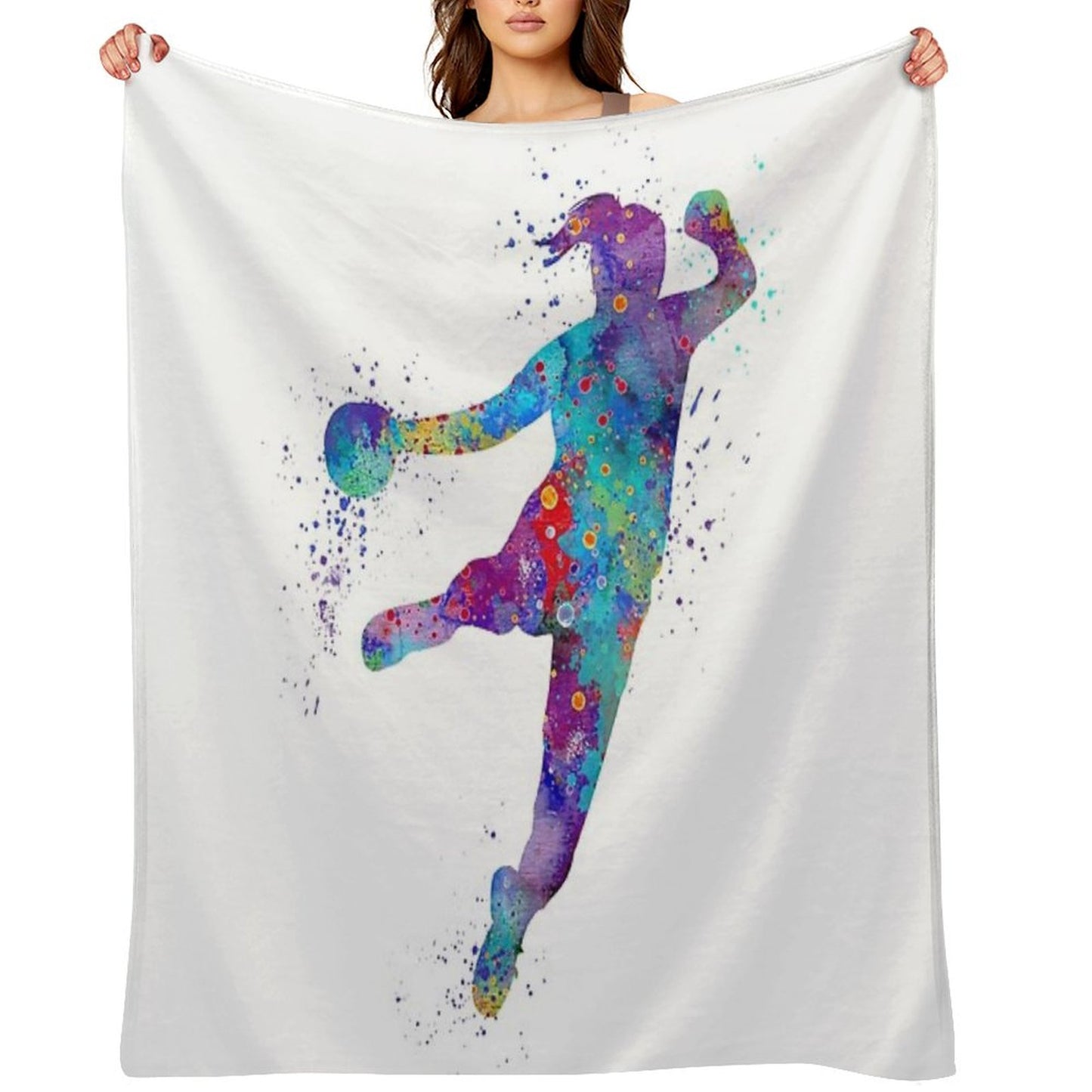 Handball Girl Colorful Watercolor Silhouette Throw Blanket