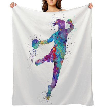 Handball Girl Colorful Watercolor Silhouette Throw Blanket
