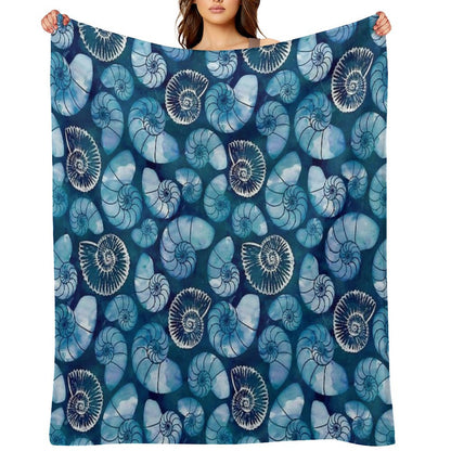 Nautilus Fossils in Sapphire Blue Throw Blanket
