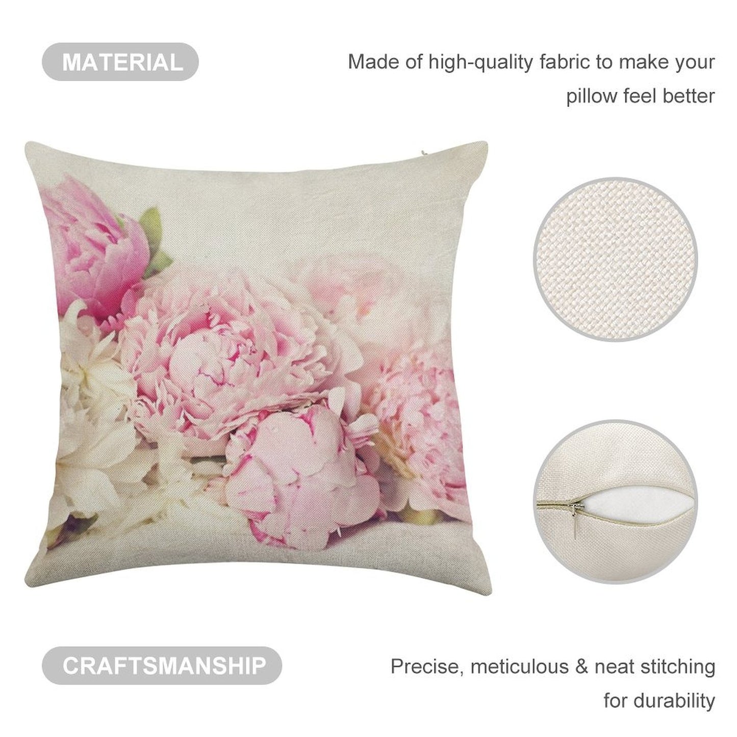 Peonies on White Linen Throw Pillow Cover