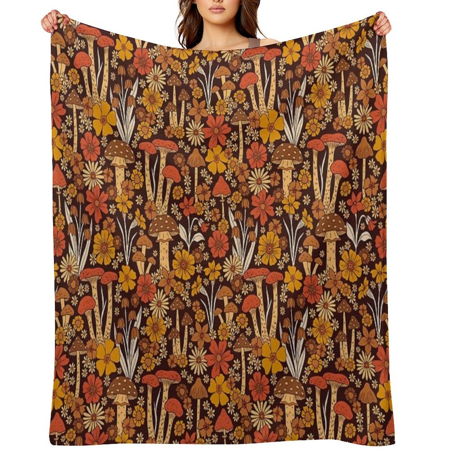 Retro 1970s Brown & Orange Mushrooms & Flowers Throw Blanket