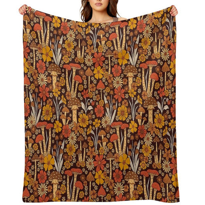 Retro 1970s Brown & Orange Mushrooms & Flowers Throw Blanket