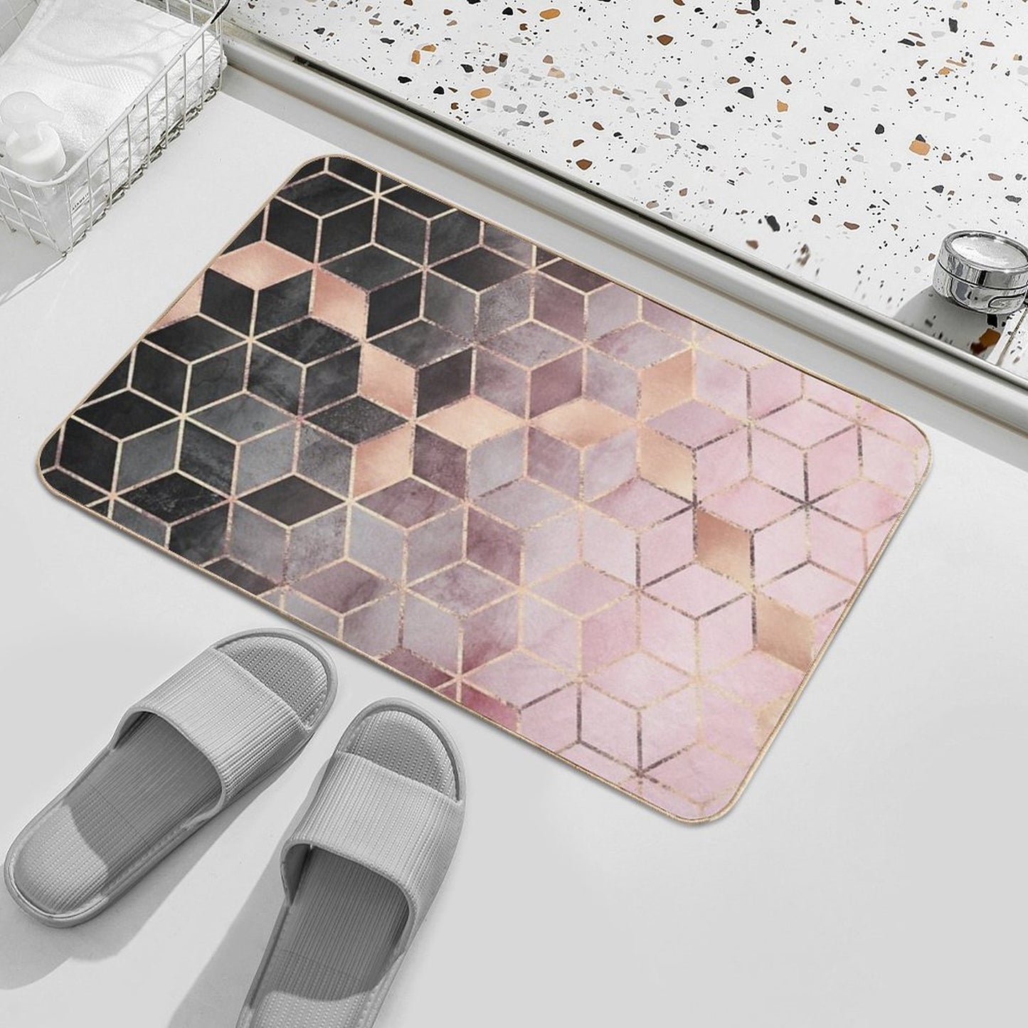 Pink And Grey Gradient Cubes Bath Mat