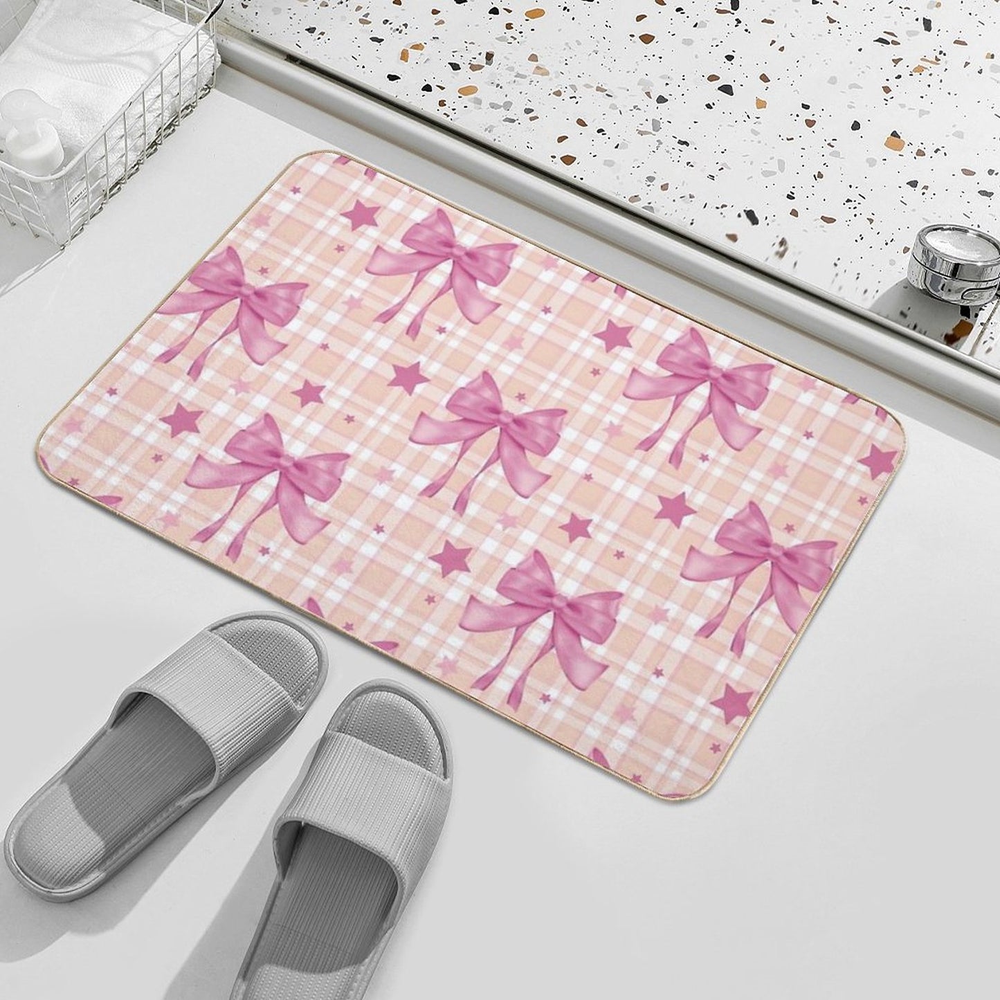 Pink Plaid, Bows And Stars Bath Mat