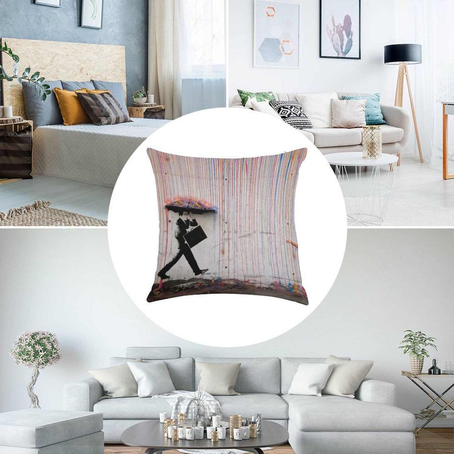 Banksy Umbrella Rainbow Happy Girl Linen Throw Pillow Cover