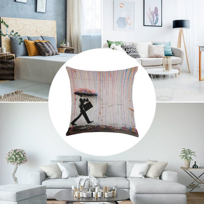 Banksy Umbrella Rainbow Happy Girl Linen Throw Pillow Cover