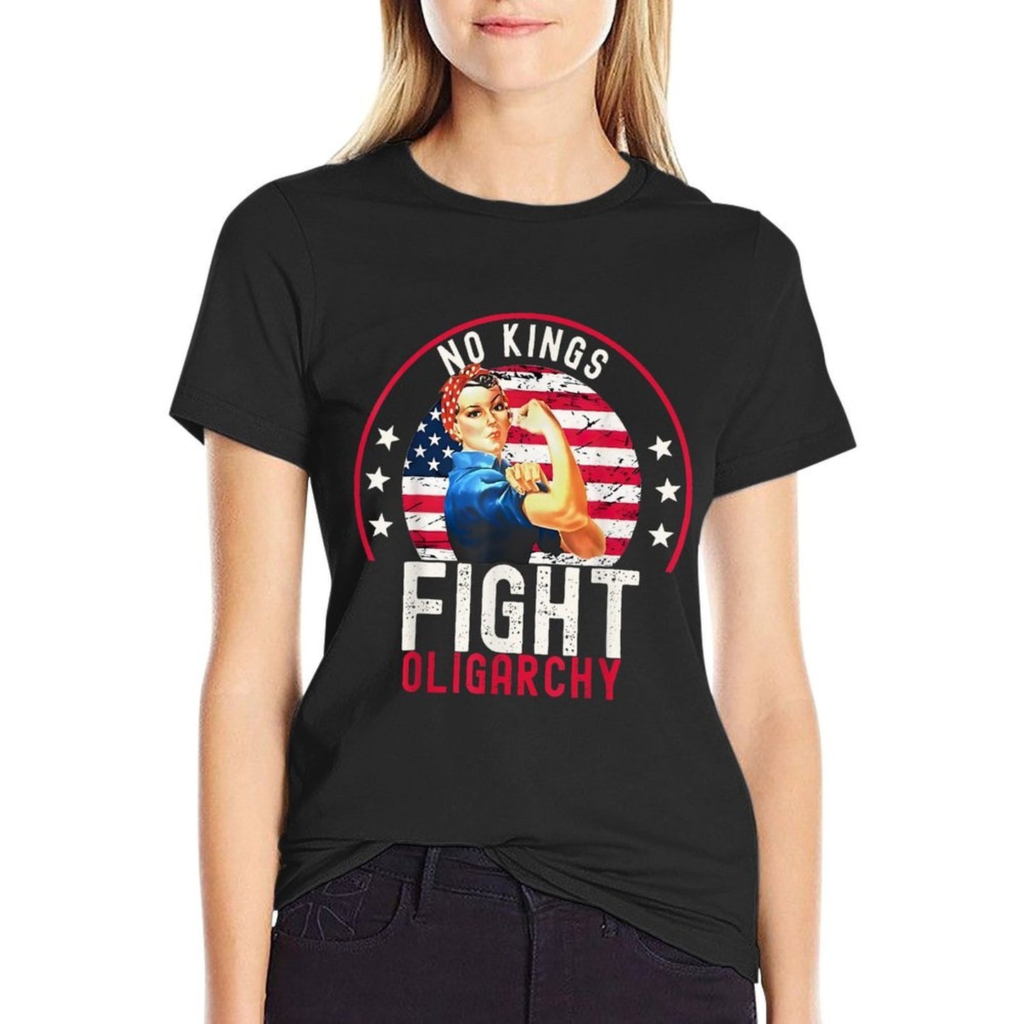 Vintage No Kings Fight Oligarchy Woman's Girl America  Trendy Pattern T-Shirt