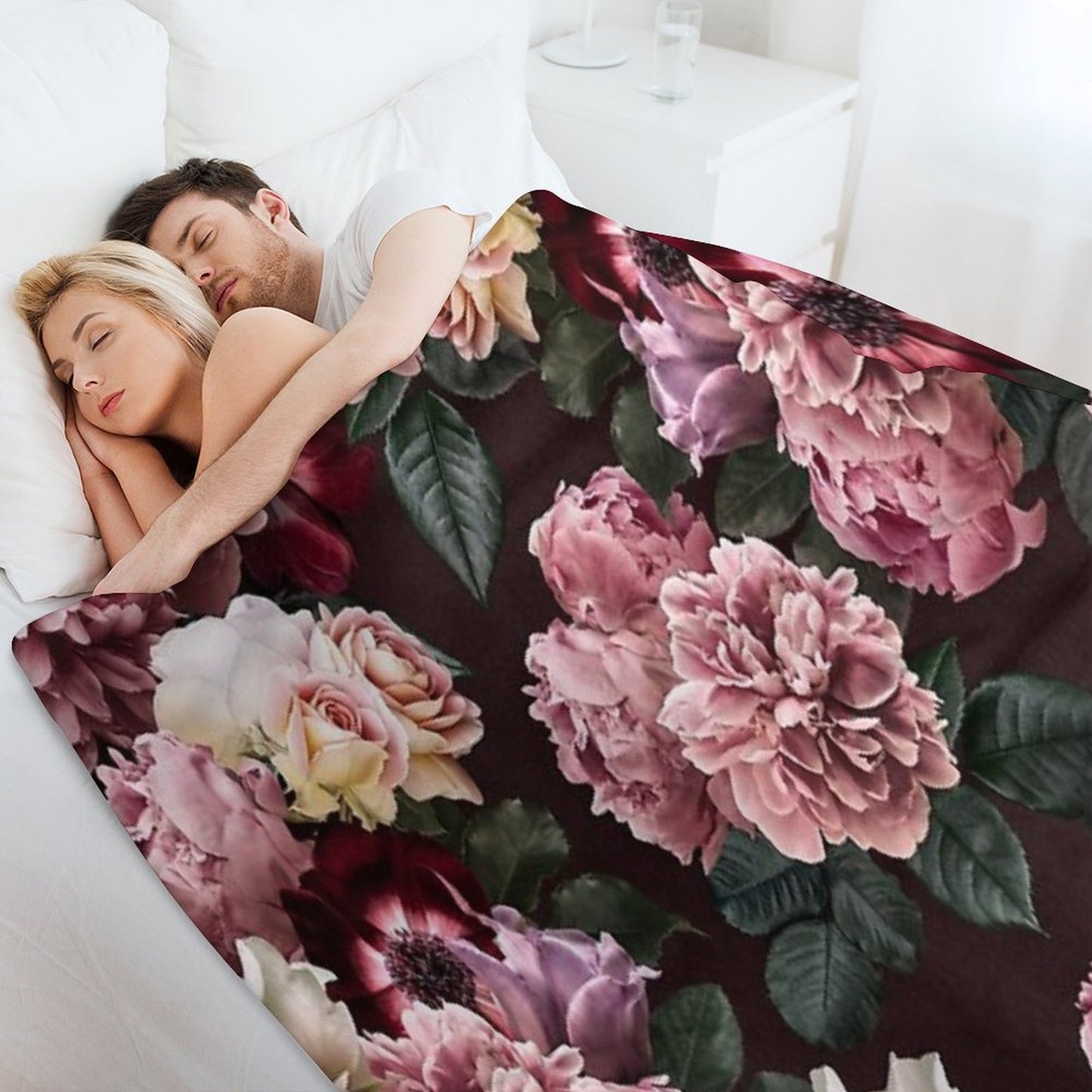 Vintage Bouquets of Pink Lush Peonies, Purple Tulips, Roses And Dark Red Anemones. Throw Blanket