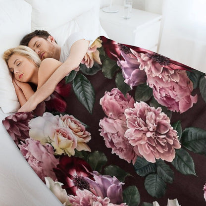 Vintage Bouquets of Pink Lush Peonies, Purple Tulips, Roses And Dark Red Anemones. Throw Blanket