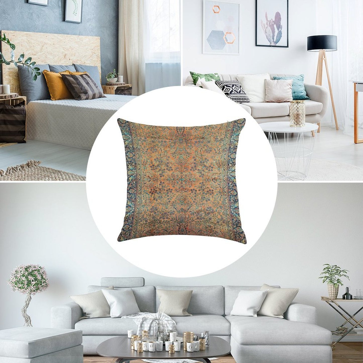 Manchester Kashan Floral Persian Carpet Print Linen Throw Pillow Cover