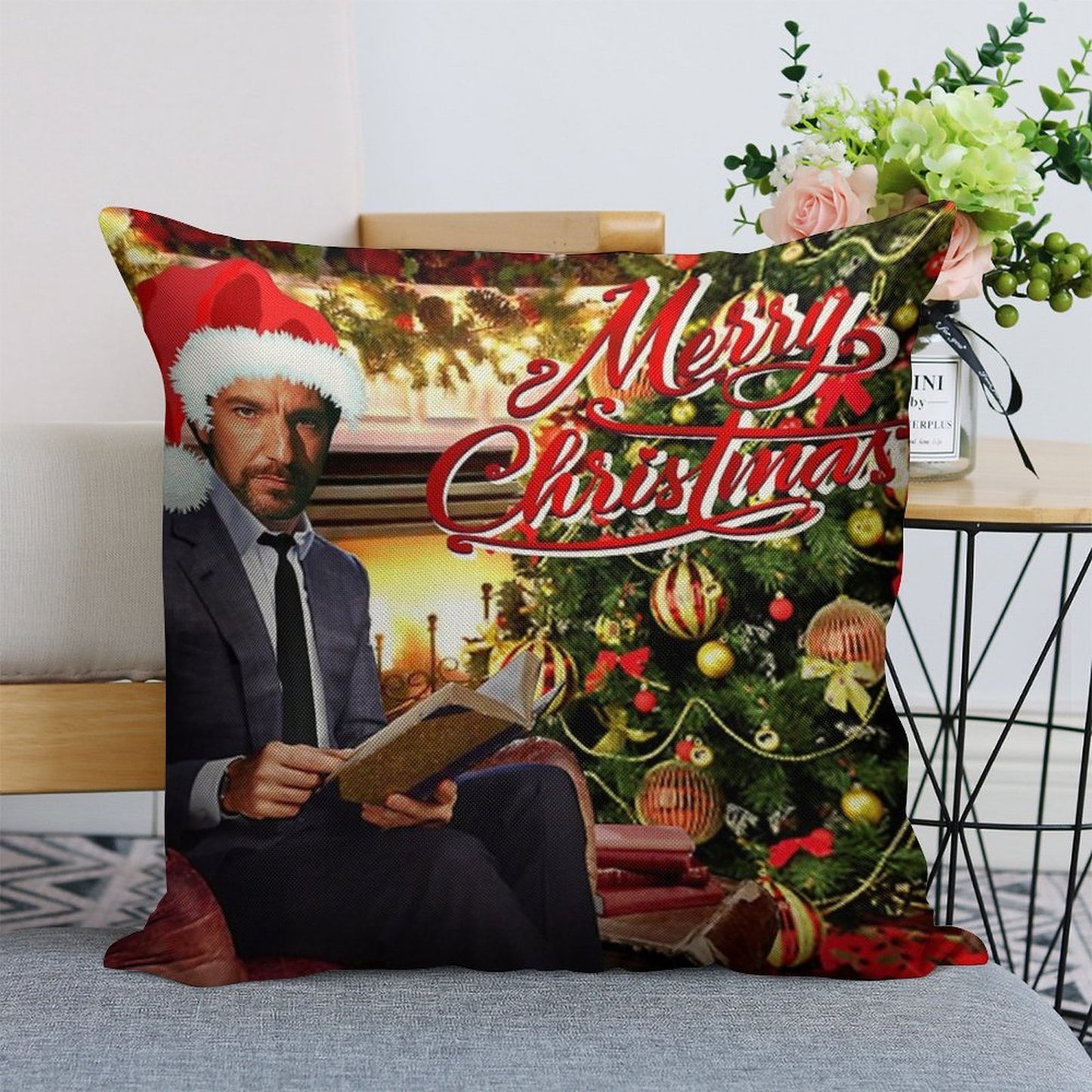 Die Hard Hans Gruber Merry Christmas Linen Throw Pillow Cover