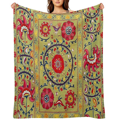 Lakai Suzani Uzbekistan Floral Embroidery Print Throw Blanket