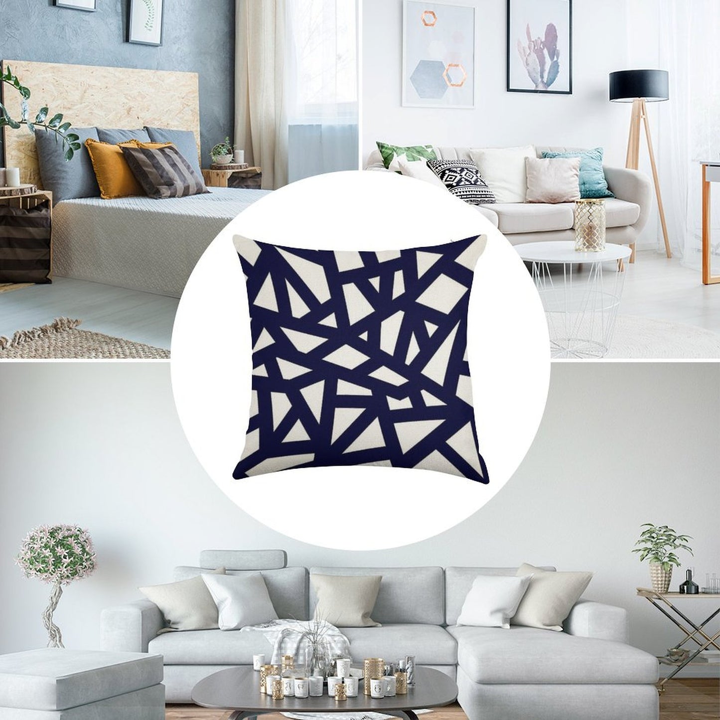 Navy Blue Thick Mosaic Lines On White Linen Throw Pillow Cover