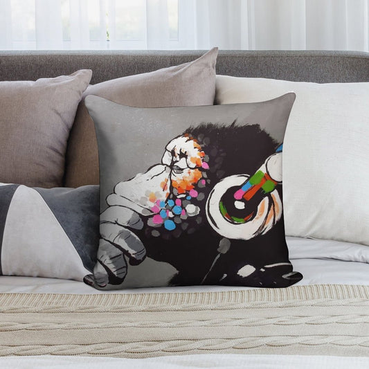 Banksy DJ Monkey Thinker with Headphones Soft Skin-Friendly Throw Pillow