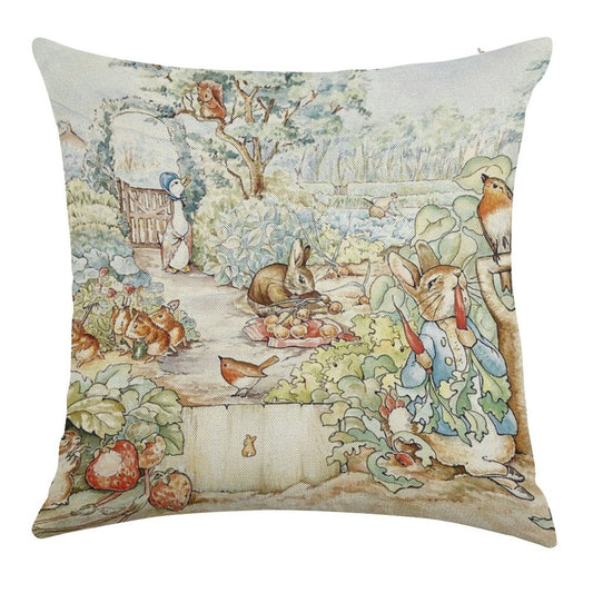 Beatrix Potter Storybook Characters in Garden Linen Throw Pillow Cover