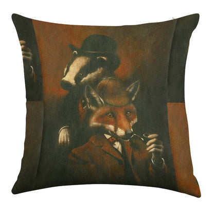 Fox And Badger Holmes And Watson Linen Throw Pillow Cover