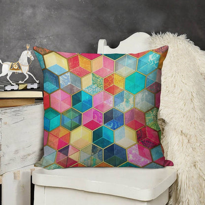 Crystal Bohemian Honeycomb Cubes - Colorful Hexagon Pattern Linen Throw Pillow Cover