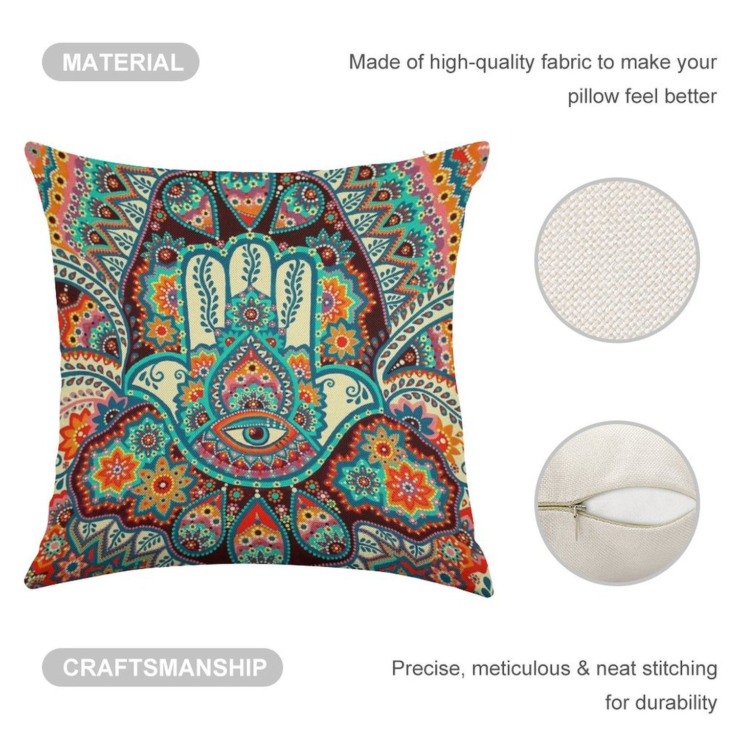 Hamsa Hand Linen Throw Pillow Cover