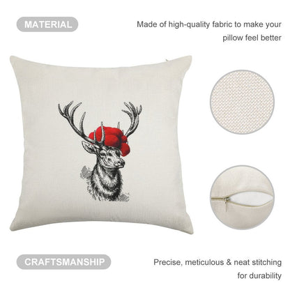 Deer with A Pollen Hat Linen Throw Pillow Cover
