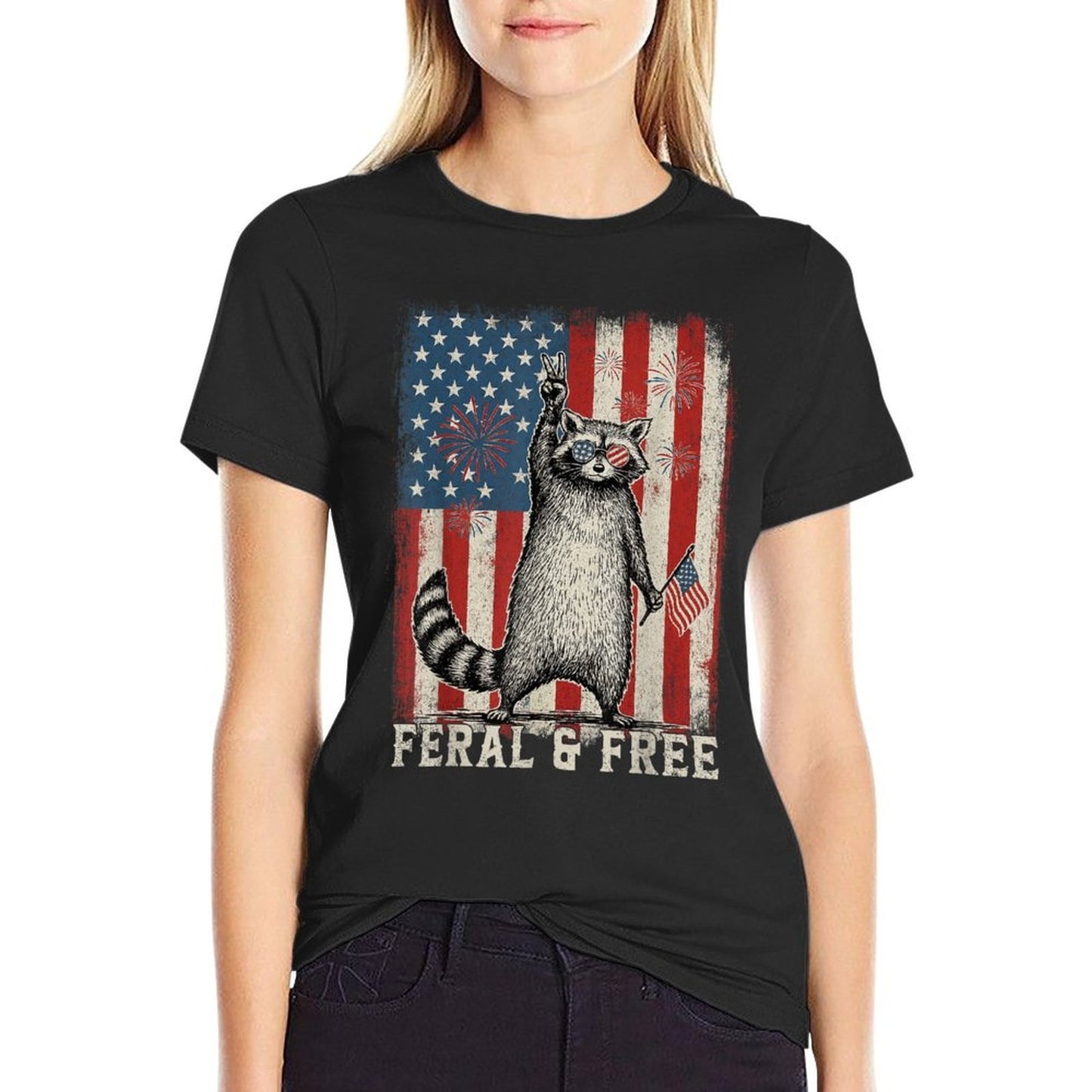 Feral But Free Raccoon July 4th Patriotic for Family  Cotton T-Shirt
