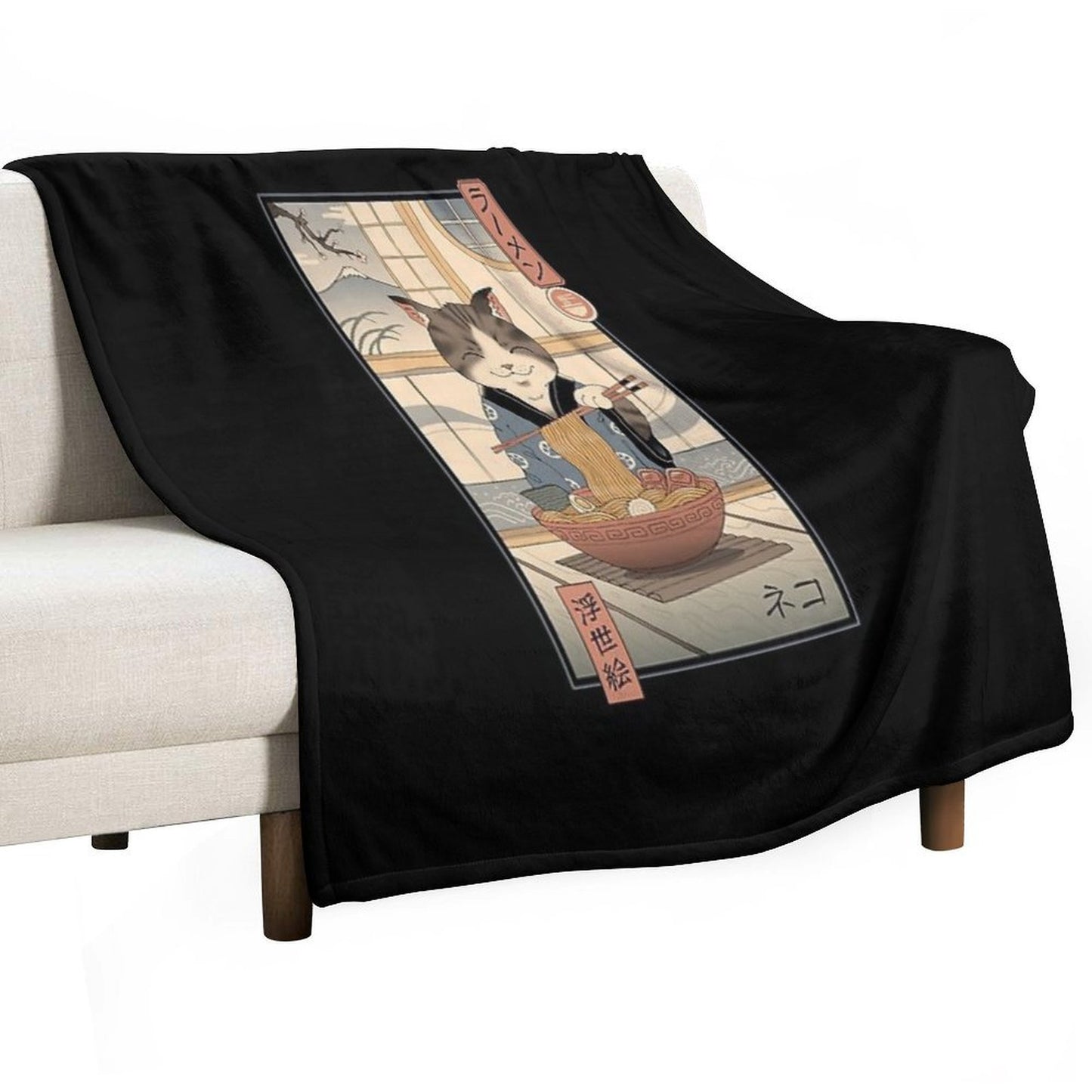 Neko Ramen Ukiyo-e Throw Blanket