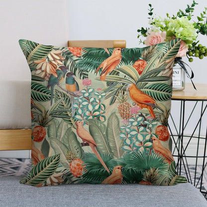 Vintage Orange Tropical Bird Jungle Botanical Garden Nightgarden Linen Throw Pillow Cover