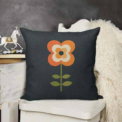 Retro Flower - Orange And Charcoal Linen Throw Pillow Cover
