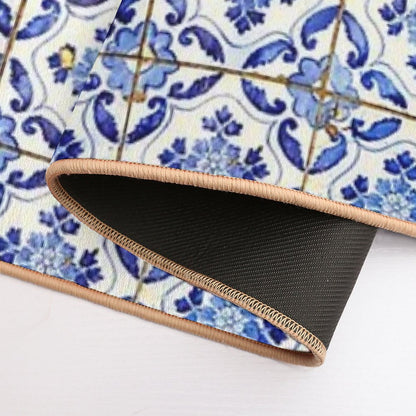 Portuguese Tiles. Blue Flowers And Leaves Bath Mat