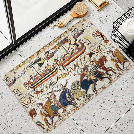 THE BAYEUX TAPESTRY ,BATTLE OF HASTINGS ,NORMAN KNIGHTS HORSEBACK, ARCHERS AND VIKING SHIPS Bath Mat