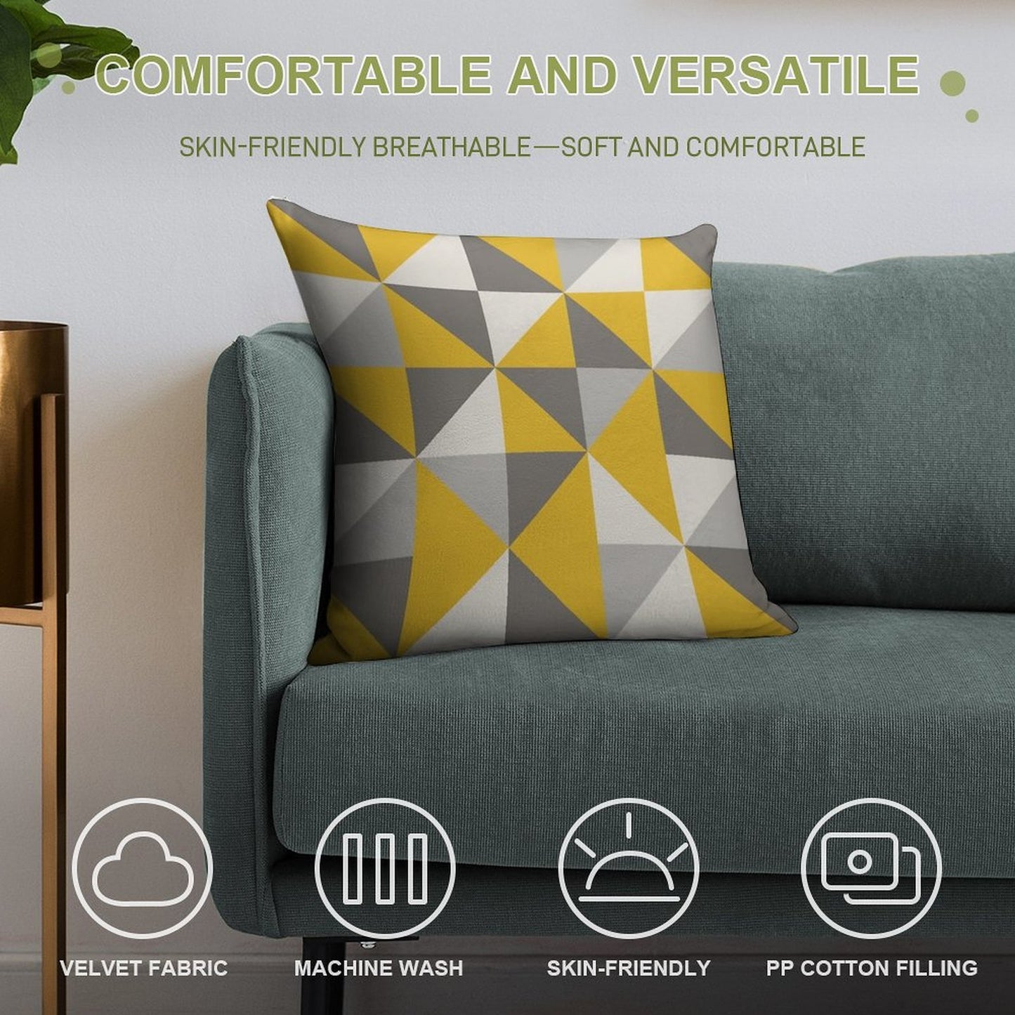 Retro Triangle Design in Yellow And Grey Soft Skin-Friendly Throw Pillow