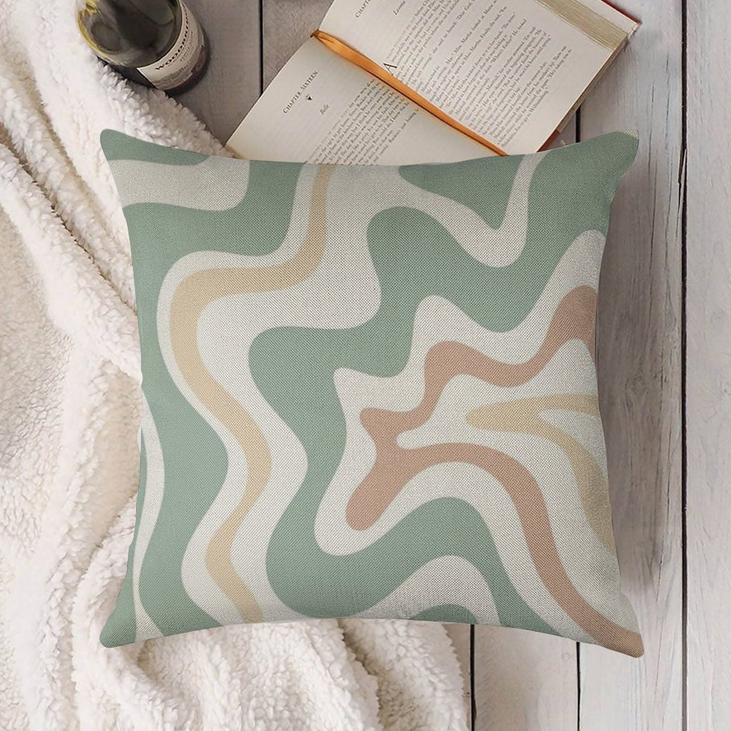 Liquid Swirl Retro Abstract in Light Sage Celadon Green, Light Blush, Cream, And White Linen Throw Pillow Cover