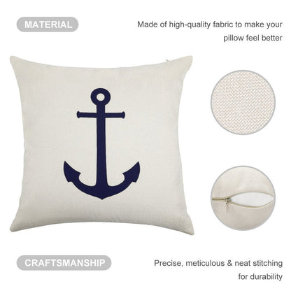 Navy Blue Anchor On White Linen Throw Pillow Cover