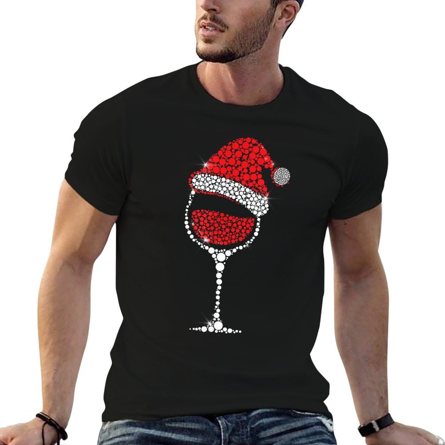 Christmas Pajama Glass of Wine Costume Santa Hat Xmas  Breathable T-Shirt