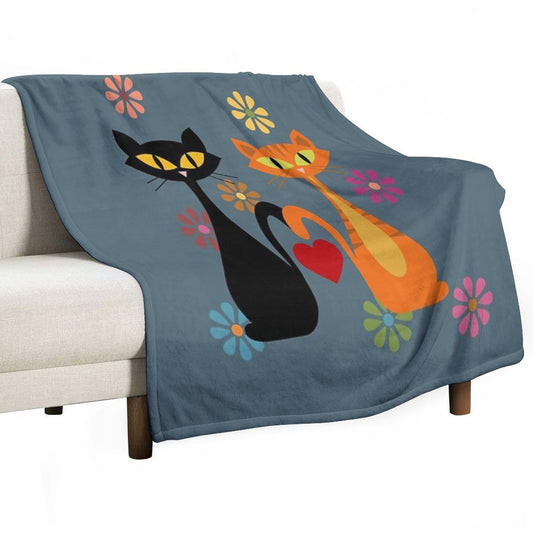 Mid Century Orange And Black Cats in Love Throw Blanket