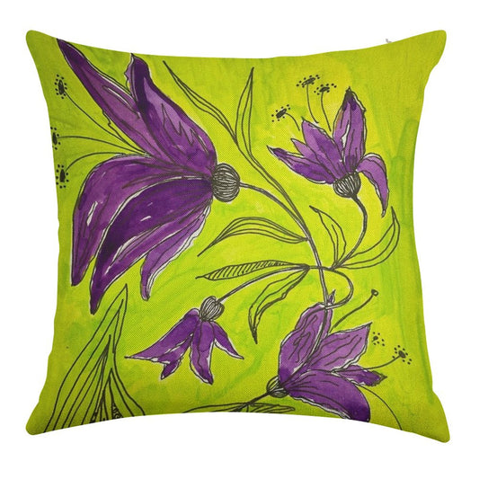 Botanical Lime Green And Purple Linen Throw Pillow Cover