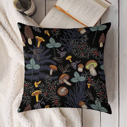 Dark Wild Forest Mushrooms Linen Throw Pillow Cover