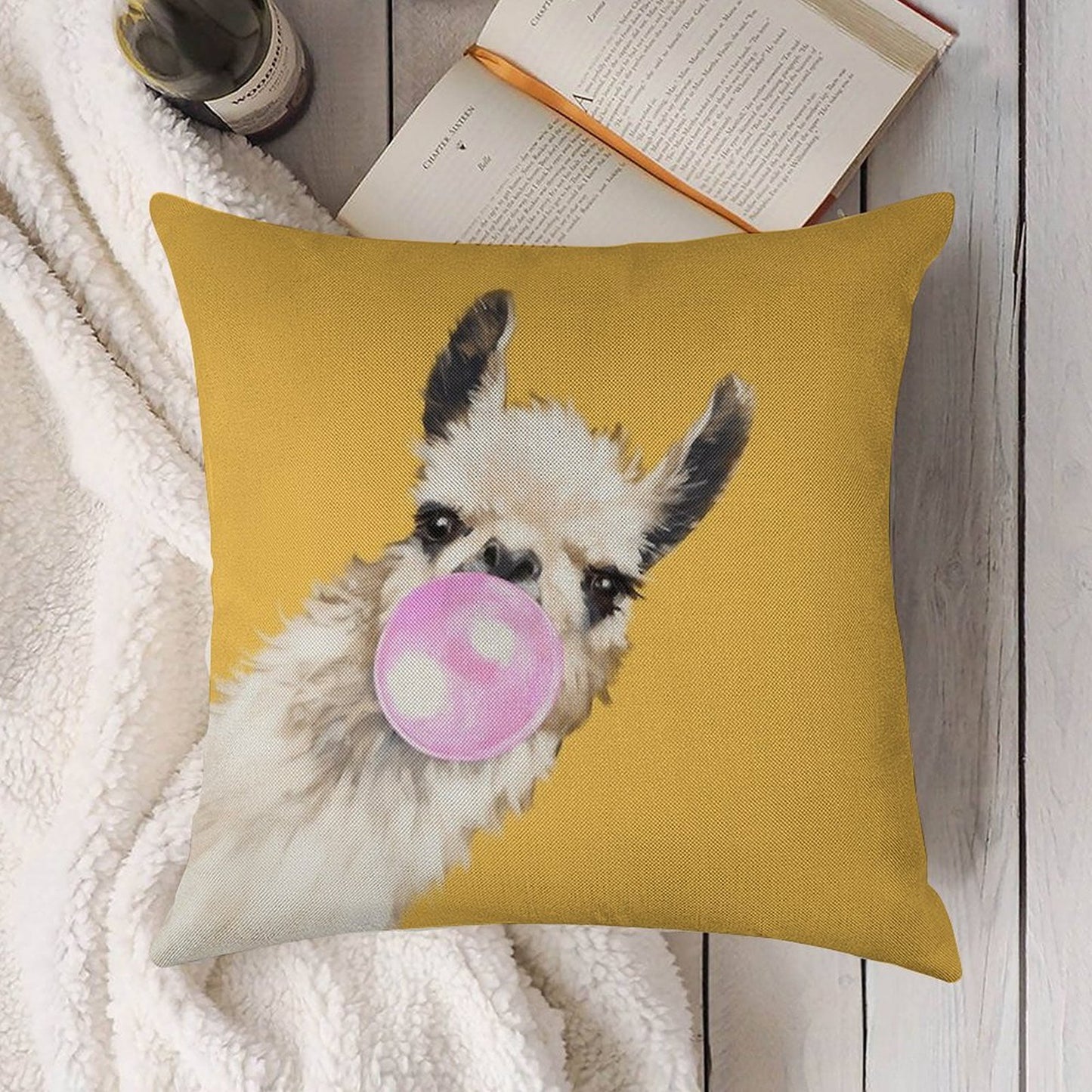 Bubble Gum Sneaky Llama in Mustard Yellow Linen Throw Pillow Cover