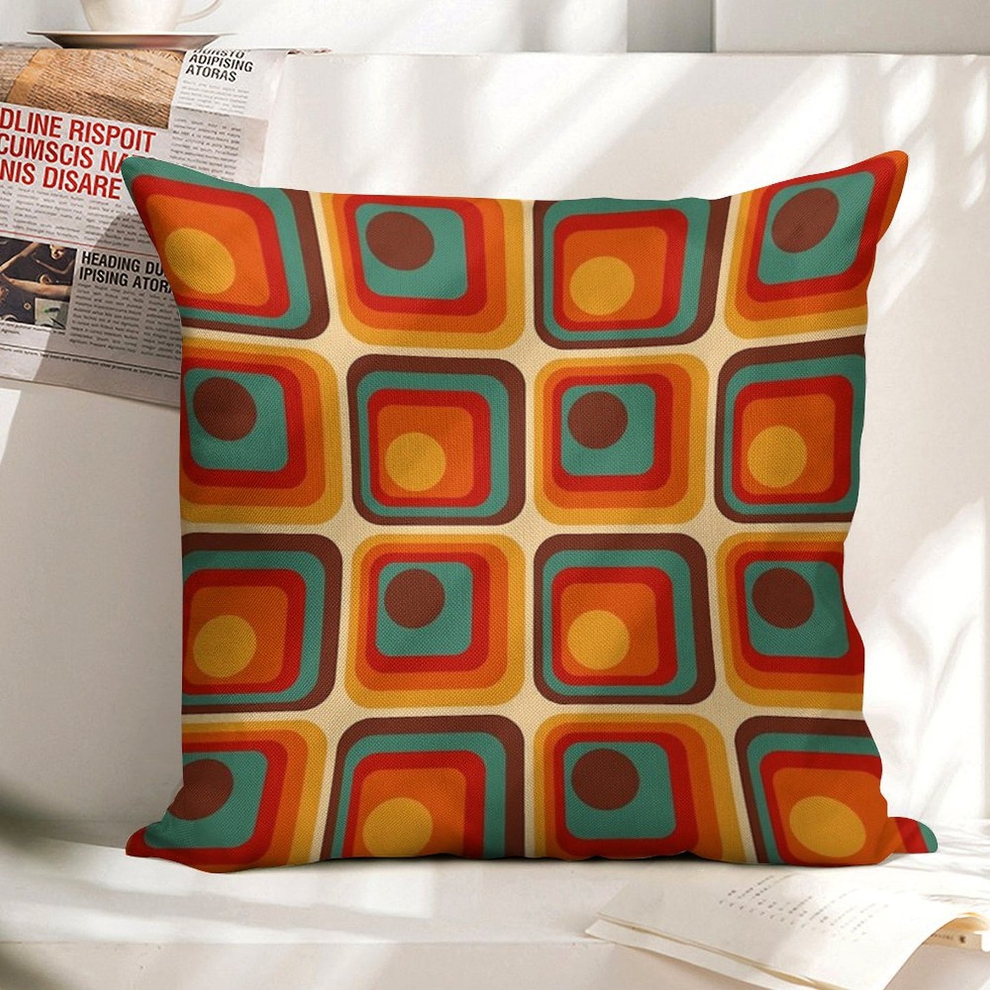 Retro Geometric Gradient Square And Circle Pattern 221 Linen Throw Pillow Cover