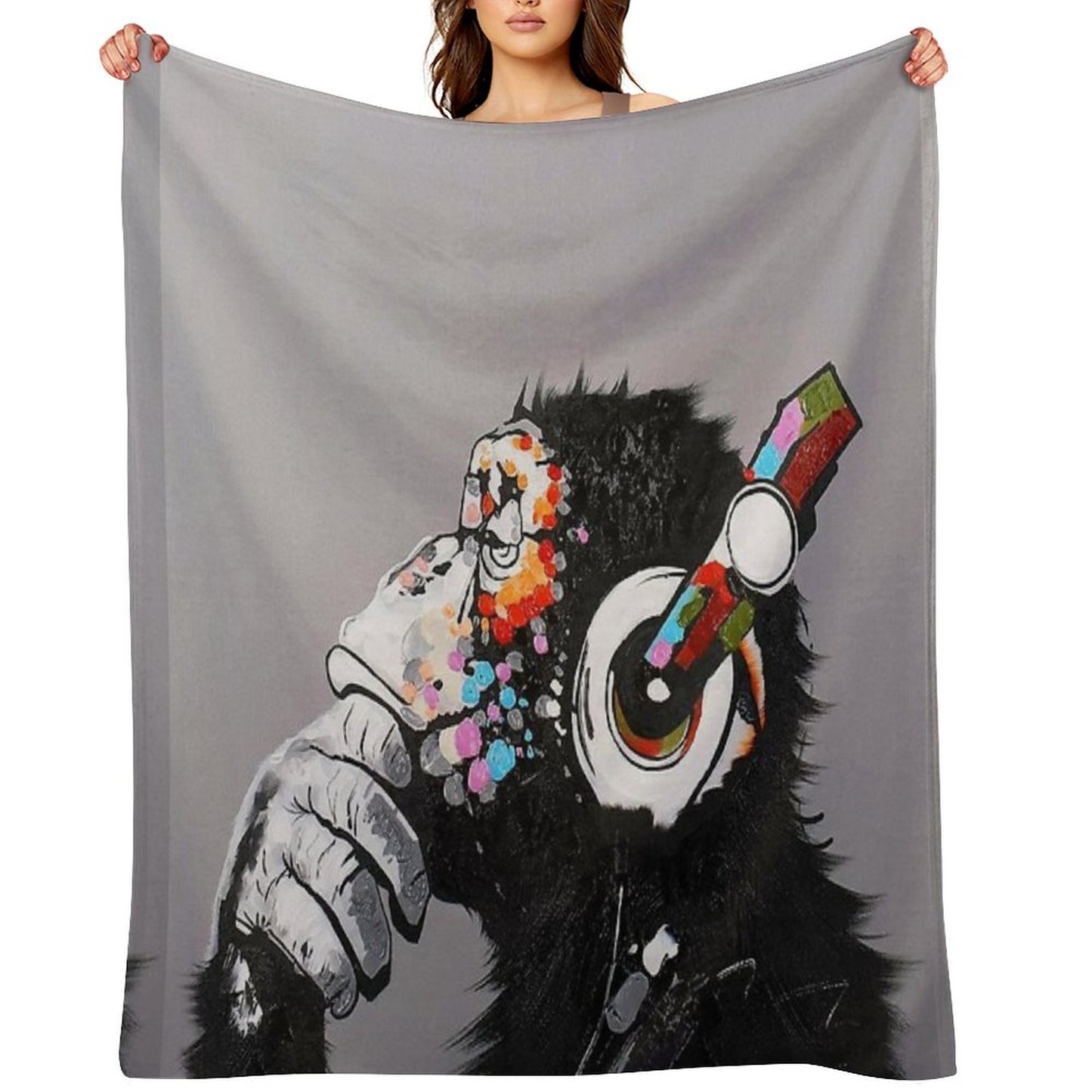 DJ Monkey With Headphones Thinking - Thinker Chimp Throw Blanket