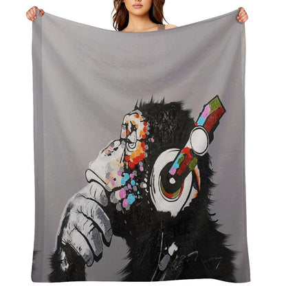 DJ Monkey With Headphones Thinking - Thinker Chimp Throw Blanket