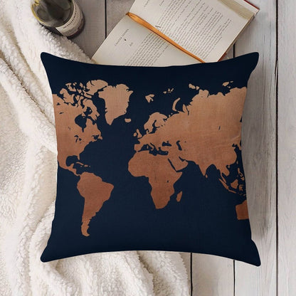 World Map - Navy Blue And Copper Linen Throw Pillow Cover