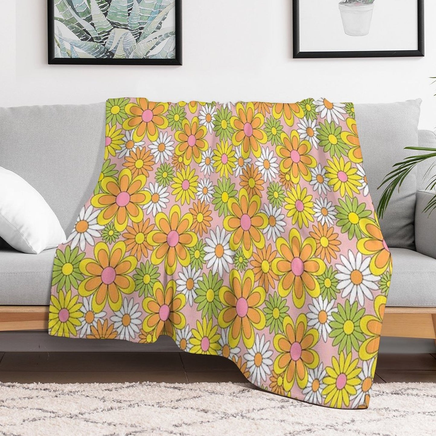 Vintage 70s Flower Power Orange, Pink & Yellow Retro Daisy Throw Blanket